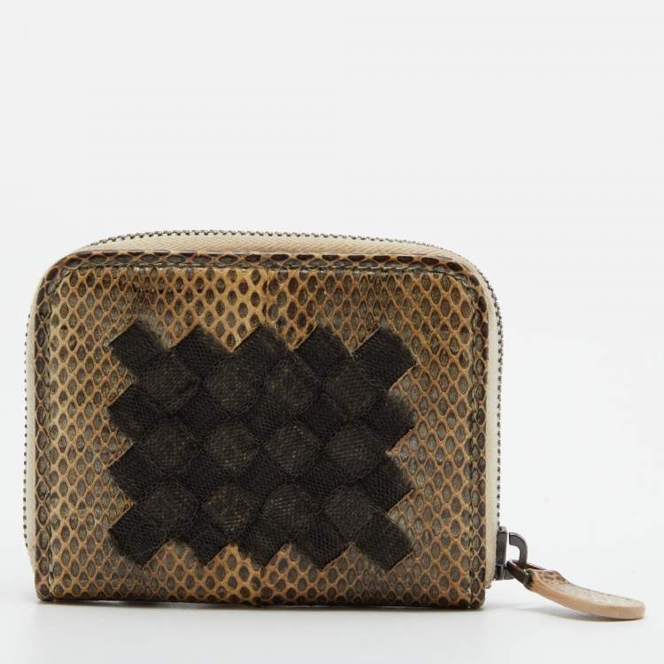 Pre Owned Bottega Veneta Beige Watersnake Leather Zip Coin Purse