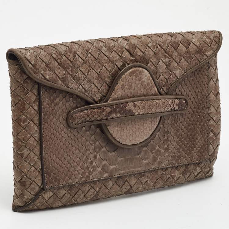 Pre Owned Bottega Veneta Dark Beige Python Envelope Clutch