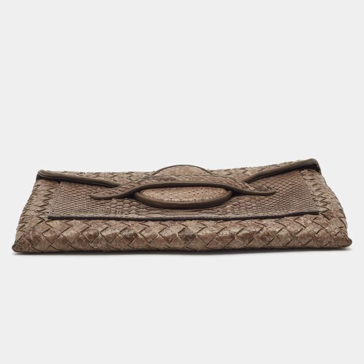 Pre Owned Bottega Veneta Dark Beige Python Envelope Clutch