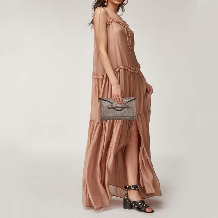 Pre Owned Bottega Veneta Dark Beige Python Envelope Clutch