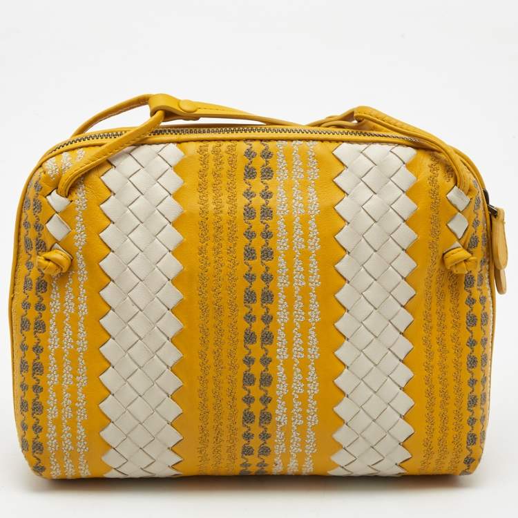 Pre Owned Bottega Veneta Yellow/White Intrecciato Leather Embroidered Nodini Shoulder Bag