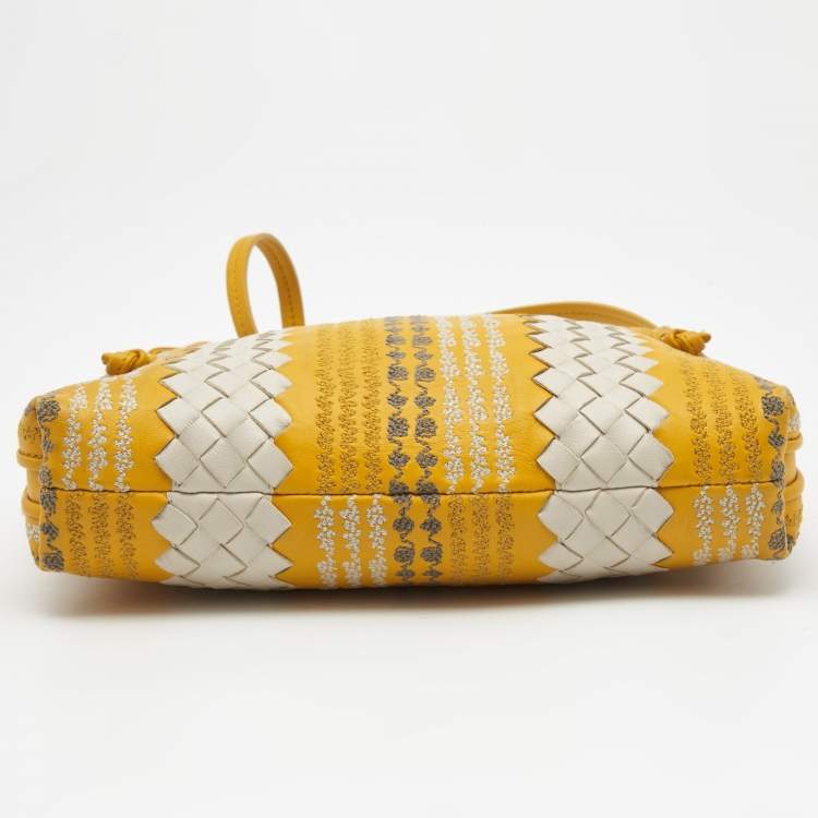 Pre Owned Bottega Veneta Yellow/White Intrecciato Leather Embroidered Nodini Shoulder Bag