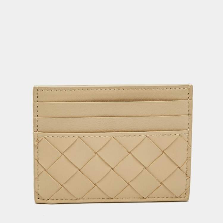 Pre Owned Bottega Veneta Beige Intrecciato Leather Card Holder