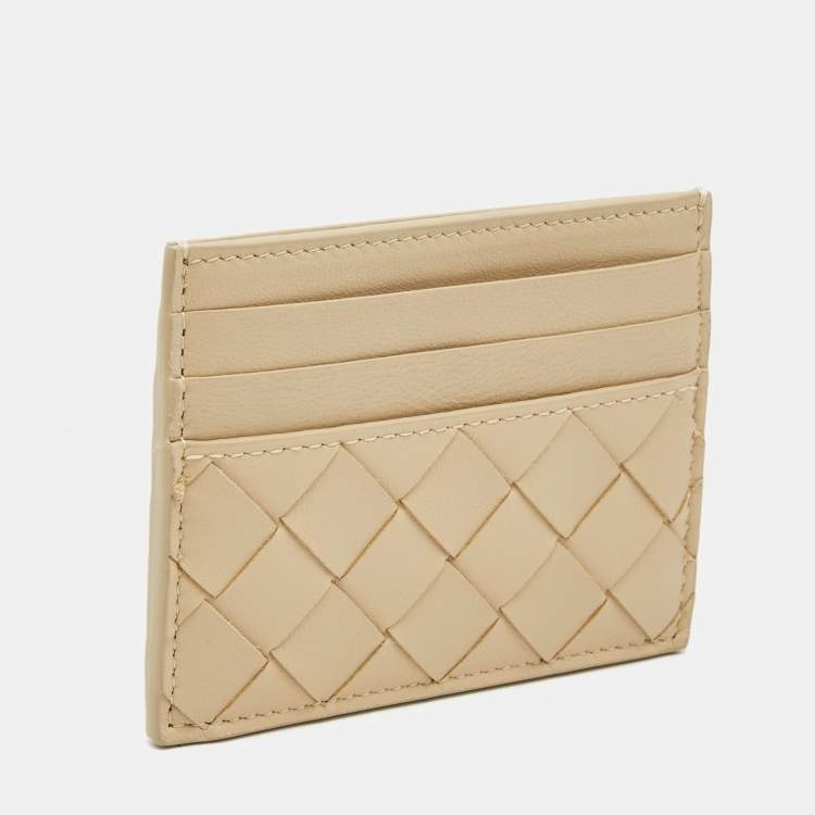 Pre Owned Bottega Veneta Beige Intrecciato Leather Card Holder