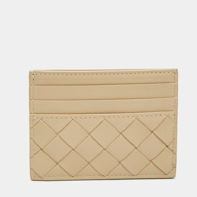 Pre Owned Bottega Veneta Beige Intrecciato Leather Card Holder