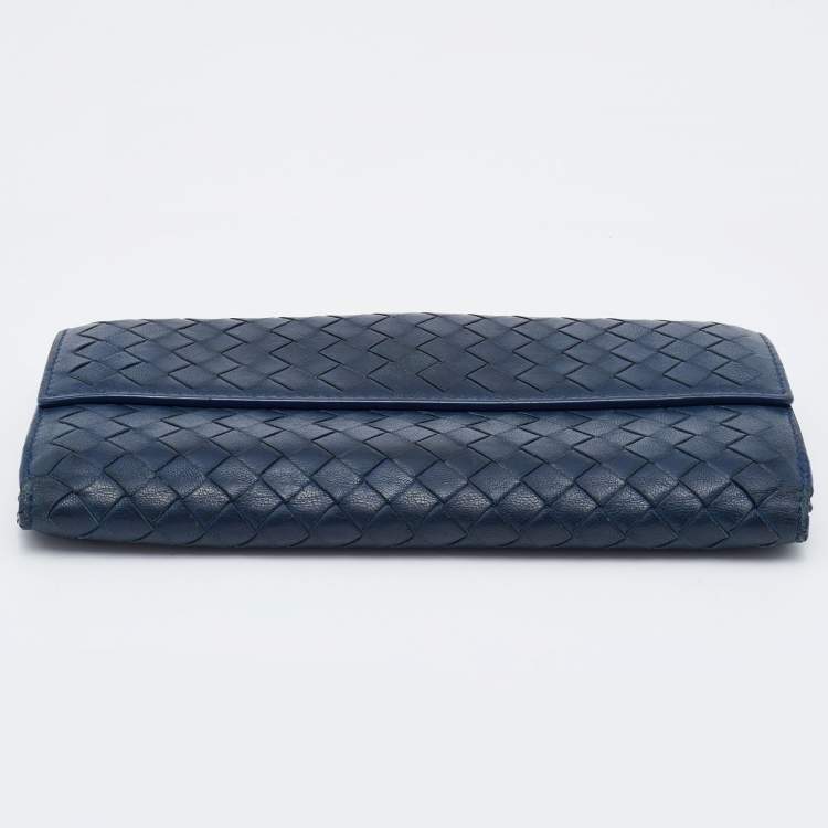 Pre Owned Bottega Veneta Blue Intrecciato Leather Flap Continental Wallet