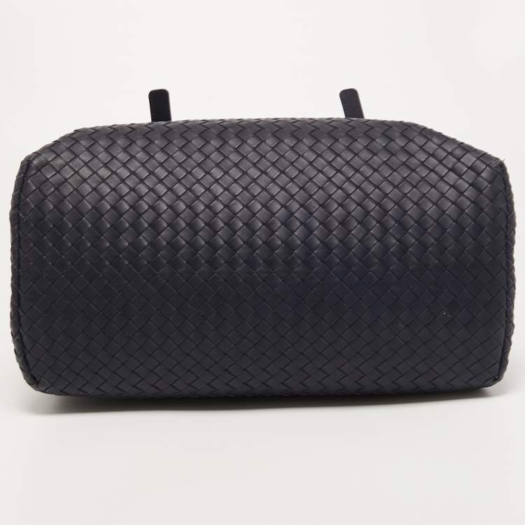 Pre Owned Bottega Veneta Navy Blue Intrecciato Leather Medium Roma Tote