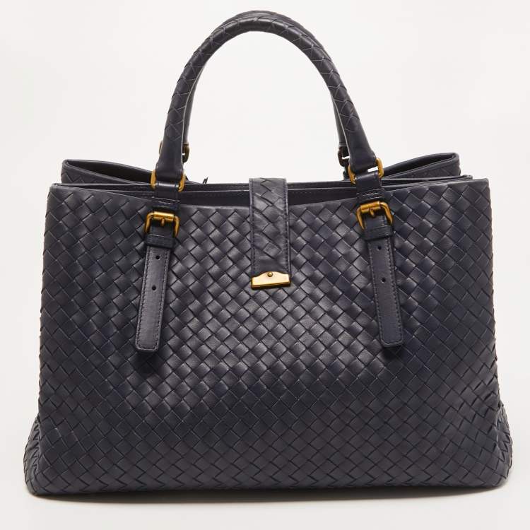 Pre Owned Bottega Veneta Navy Blue Intrecciato Leather Medium Roma Tote