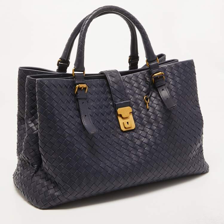 Pre Owned Bottega Veneta Navy Blue Intrecciato Leather Medium Roma Tote