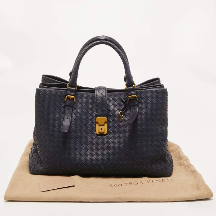 Pre Owned Bottega Veneta Navy Blue Intrecciato Leather Medium Roma Tote