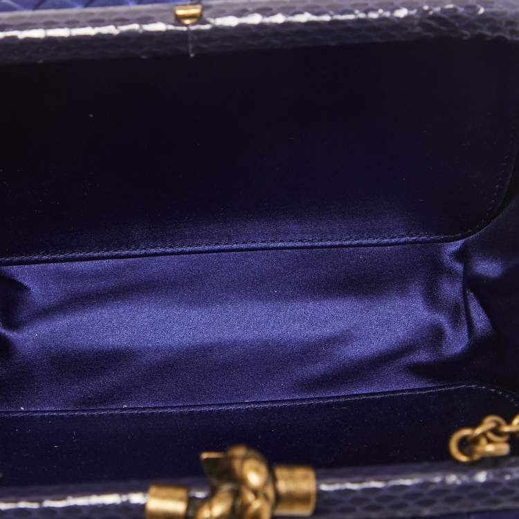 Pre Owned Bottega Veneta Blue Intrecciato Satin and Watersnake Leather Knot Chain Clutch