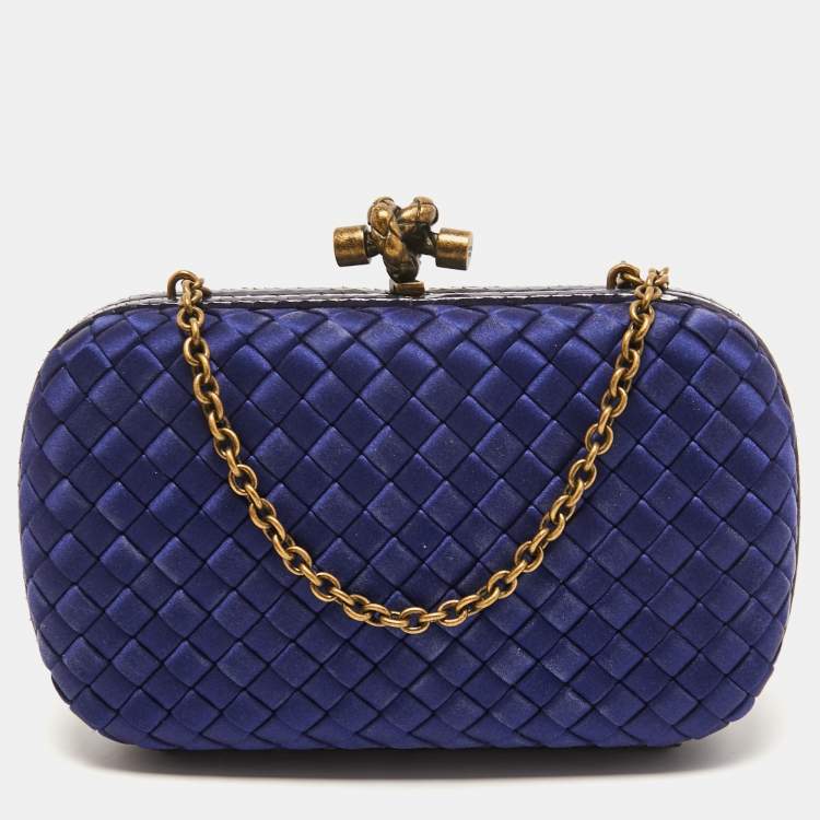 Pre Owned Bottega Veneta Blue Intrecciato Satin and Watersnake Leather Knot Chain Clutch