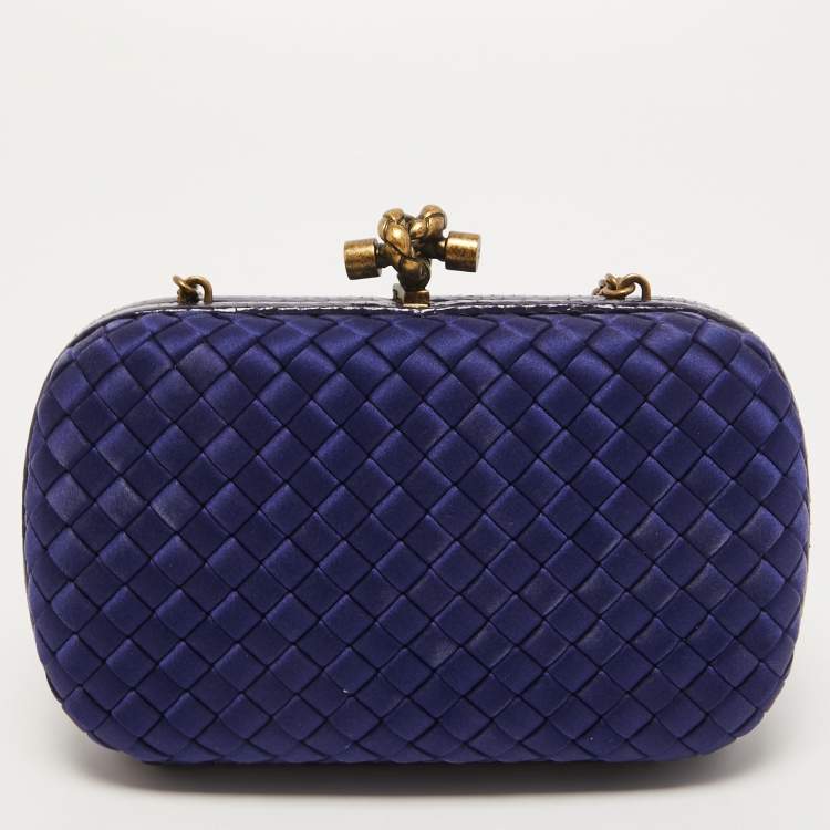 Pre Owned Bottega Veneta Blue Intrecciato Satin and Watersnake Leather Knot Chain Clutch