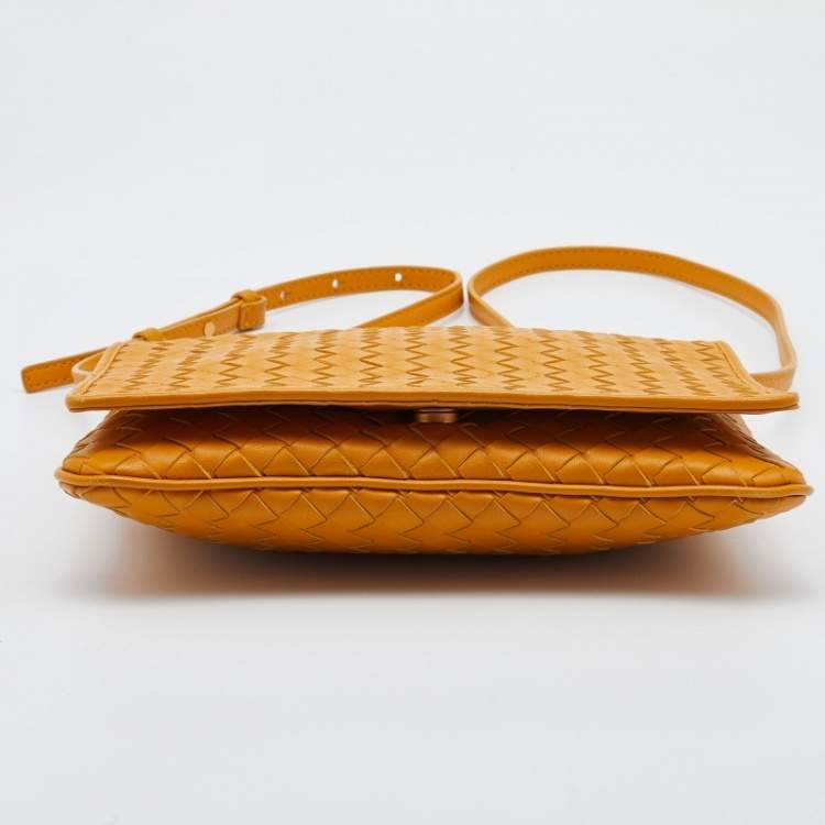 Pre Owned Bottega Veneta Mustard Intrecciato Leather Flap Crossbody Bag