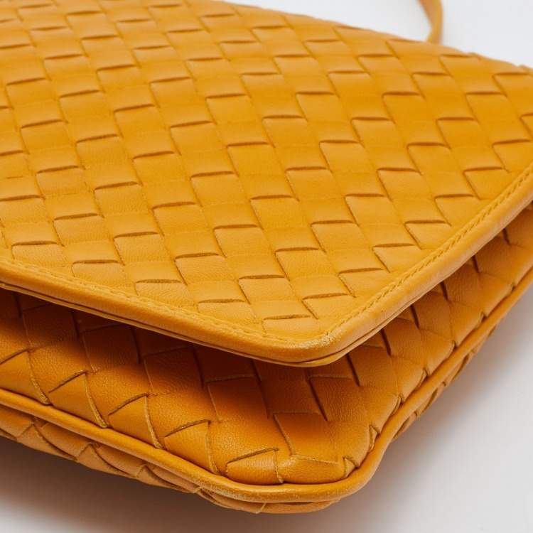 Pre Owned Bottega Veneta Mustard Intrecciato Leather Flap Crossbody Bag
