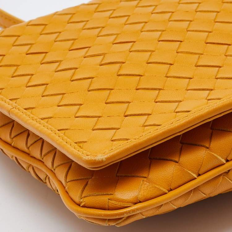 Pre Owned Bottega Veneta Mustard Intrecciato Leather Flap Crossbody Bag