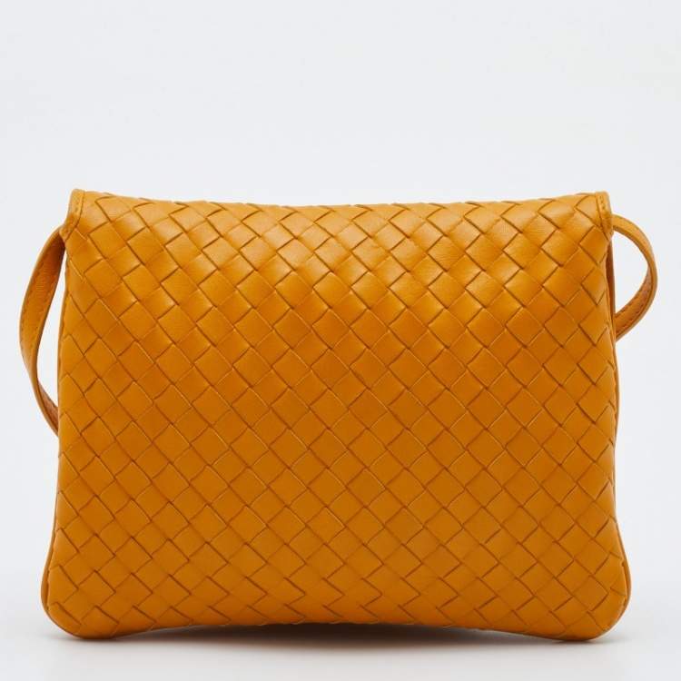 Pre Owned Bottega Veneta Mustard Intrecciato Leather Flap Crossbody Bag