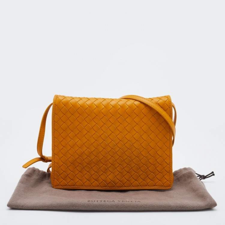 Pre Owned Bottega Veneta Mustard Intrecciato Leather Flap Crossbody Bag