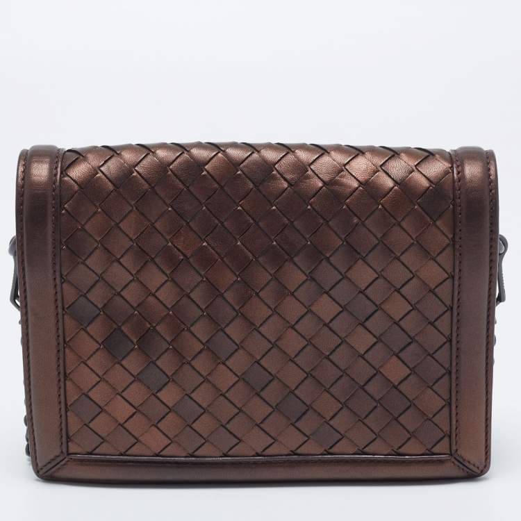 Pre Owned Bottega Veneta Bronze Intrecciato Leather Flap Chain Shoulder Bag