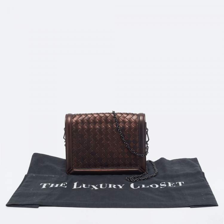 Pre Owned Bottega Veneta Bronze Intrecciato Leather Flap Chain Shoulder Bag