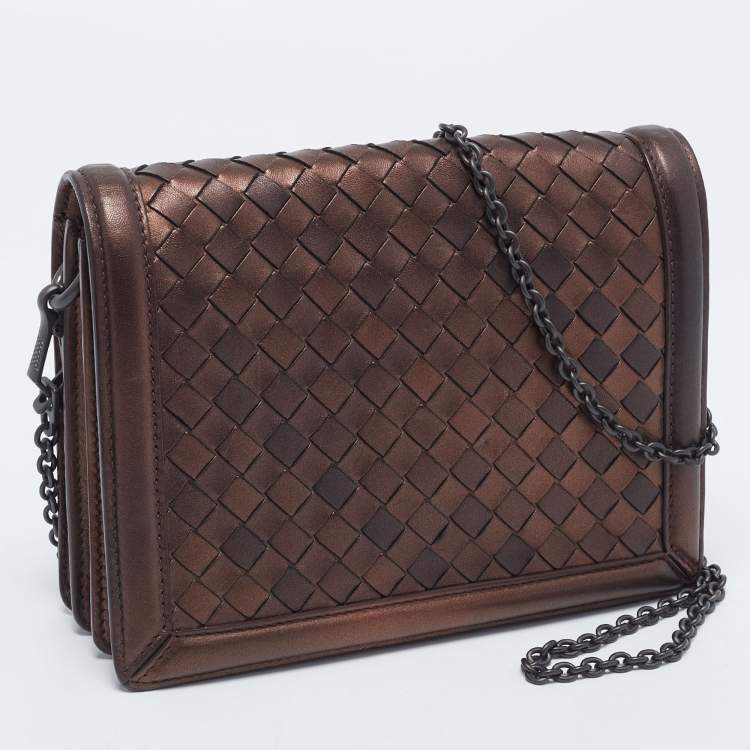 Pre Owned Bottega Veneta Bronze Intrecciato Leather Flap Chain Shoulder Bag