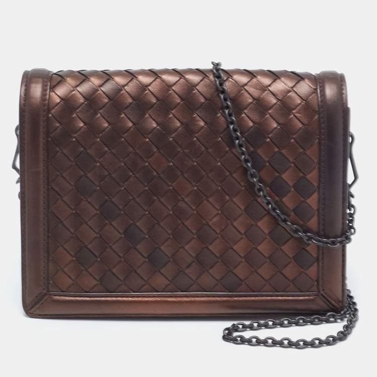 Pre Owned Bottega Veneta Bronze Intrecciato Leather Flap Chain Shoulder Bag