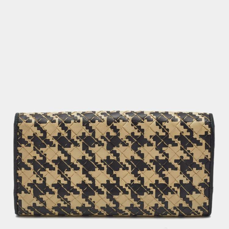 Pre Owned Bottega Veneta Black/Cream Intrecciato Houndstooth Flap Continental Wallet