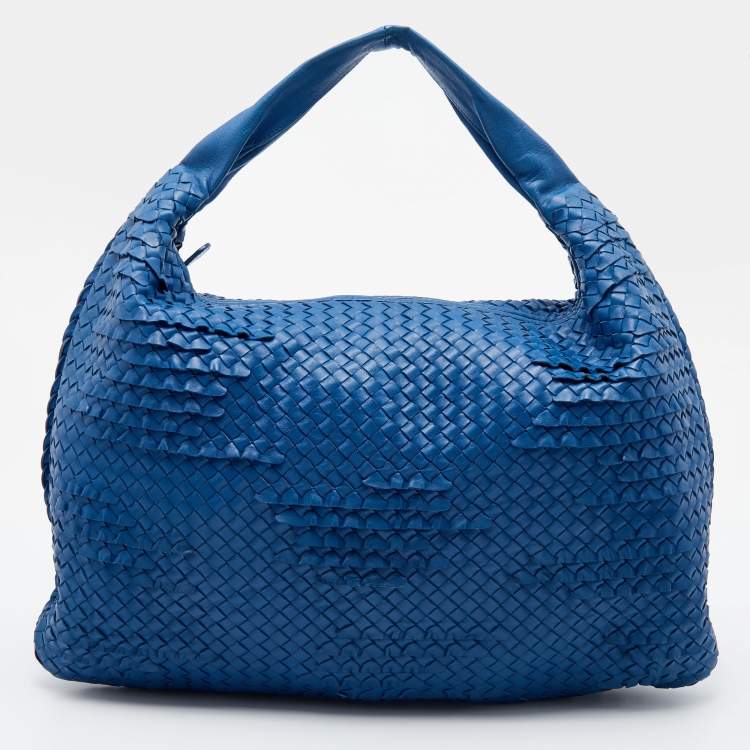 Pre Owned Bottega Veneta Blue Intrecciato Leather Large Hobo