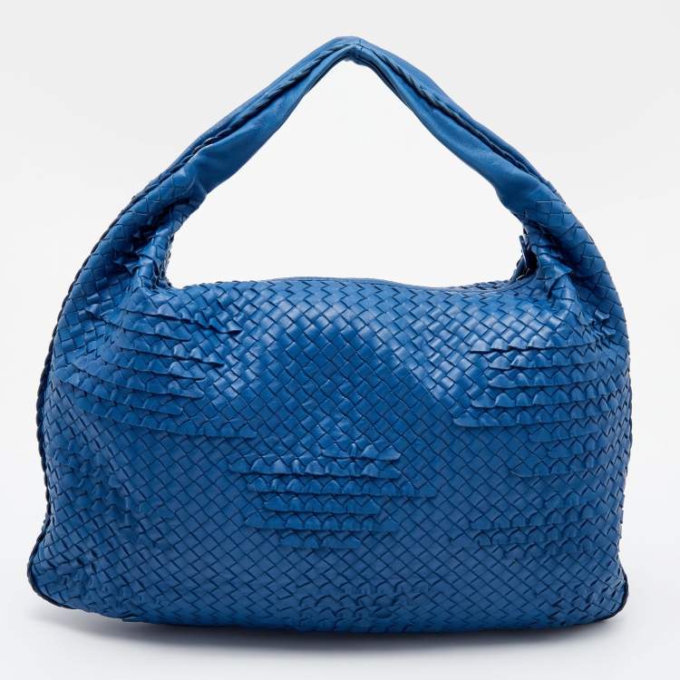 Pre Owned Bottega Veneta Blue Intrecciato Leather Large Hobo