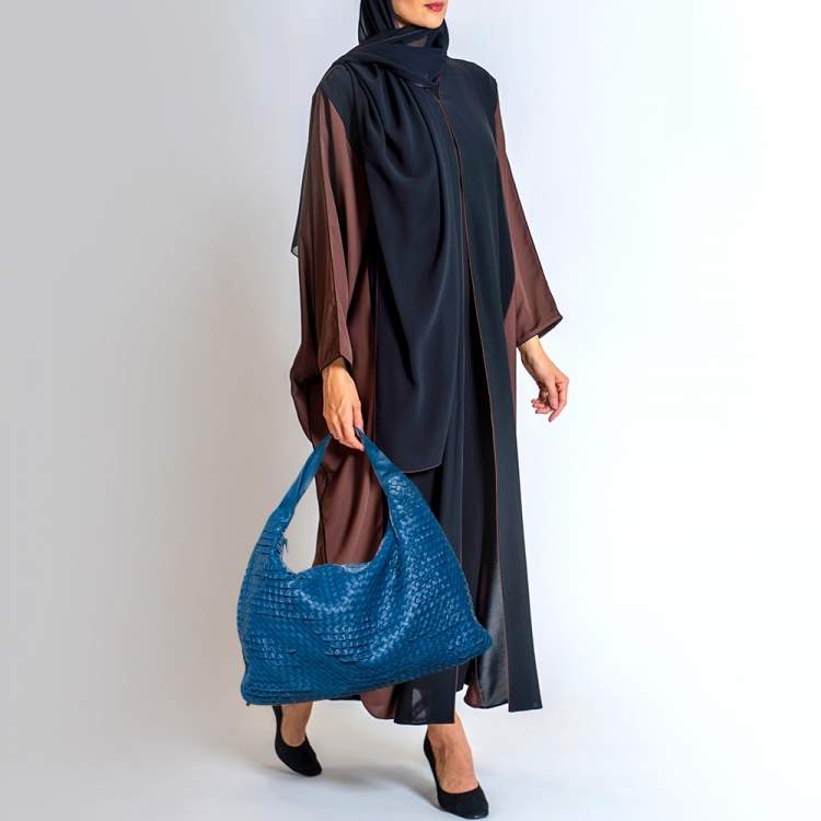 Pre Owned Bottega Veneta Blue Intrecciato Leather Large Hobo