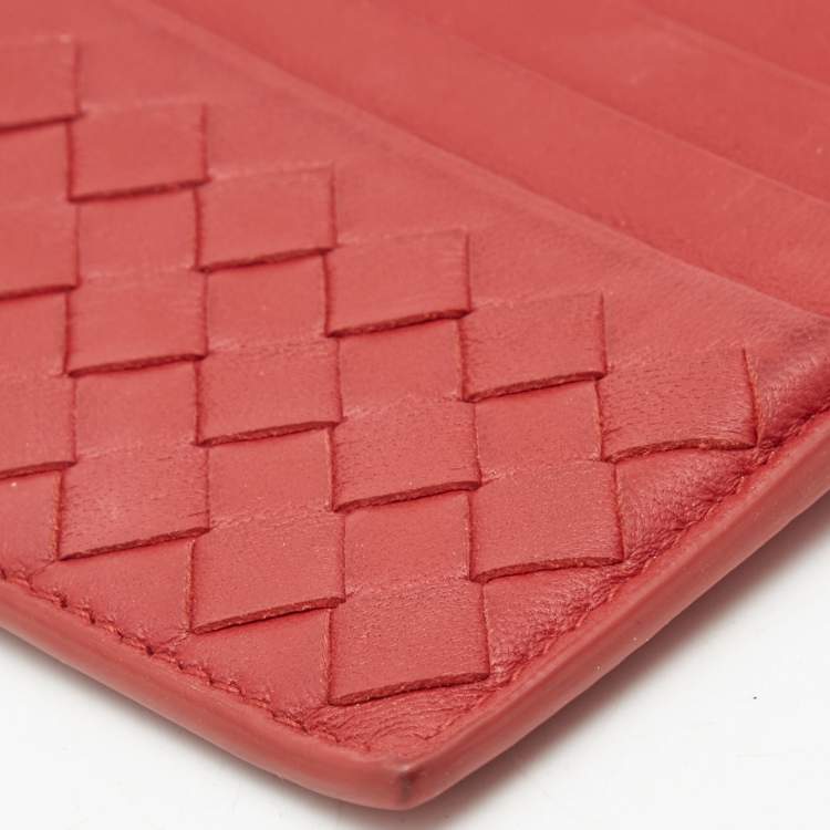 Pre Owned Bottega Veneta Red Intrecciato Leather Zip Card Holder 