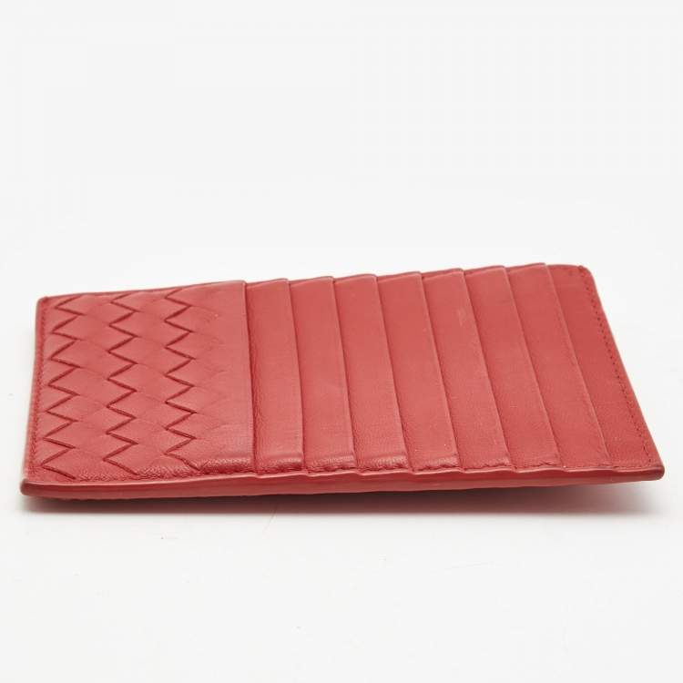 Pre Owned Bottega Veneta Red Intrecciato Leather Zip Card Holder 