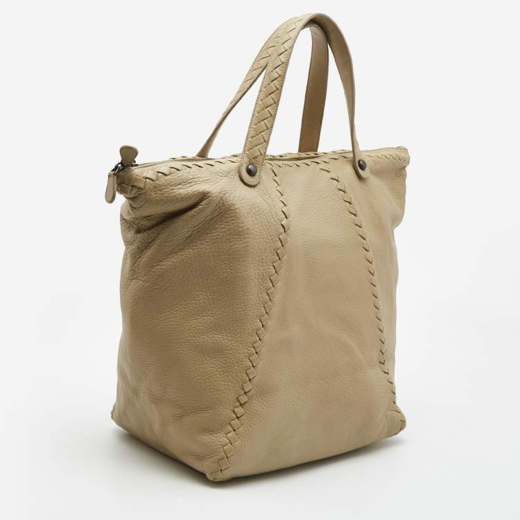 Pre Owned Bottega Veneta Beige Leather Intrecciato Detail Tote