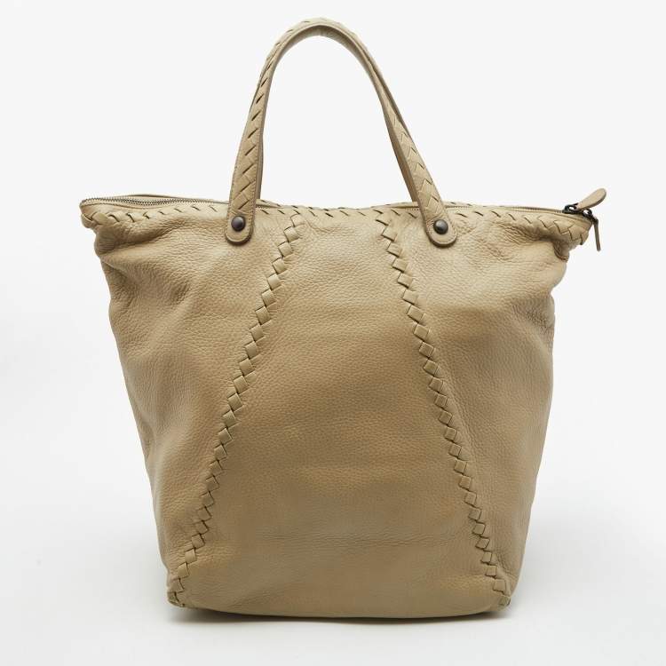 Pre Owned Bottega Veneta Beige Leather Intrecciato Detail Tote