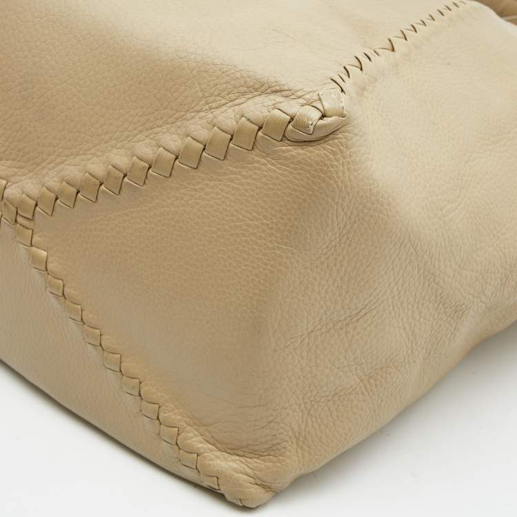 Pre Owned Bottega Veneta Beige Leather Intrecciato Detail Tote