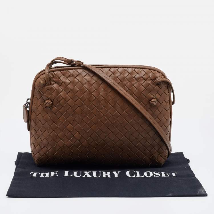 Pre Owned Bottega Veneta Dark Beige Intrecciato Leather Nodini Crossbody Bag