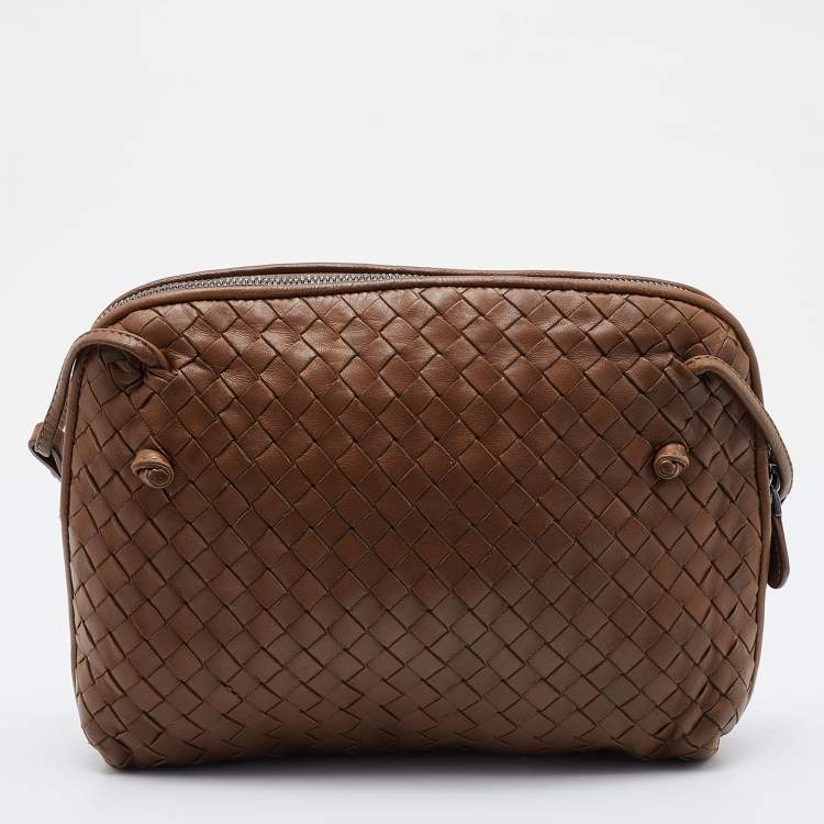 Pre Owned Bottega Veneta Dark Beige Intrecciato Leather Nodini Crossbody Bag