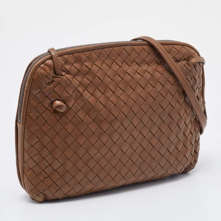 Pre Owned Bottega Veneta Dark Beige Intrecciato Leather Nodini Crossbody Bag