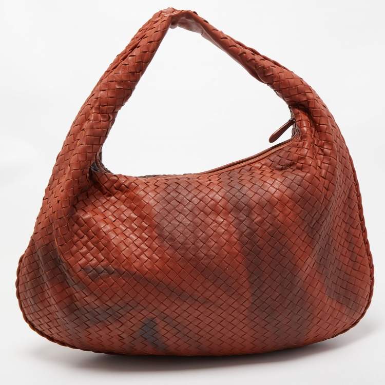 Pre Owned Bottega Veneta Two-Tone Brown Intrecciato Leather Large Hobo
