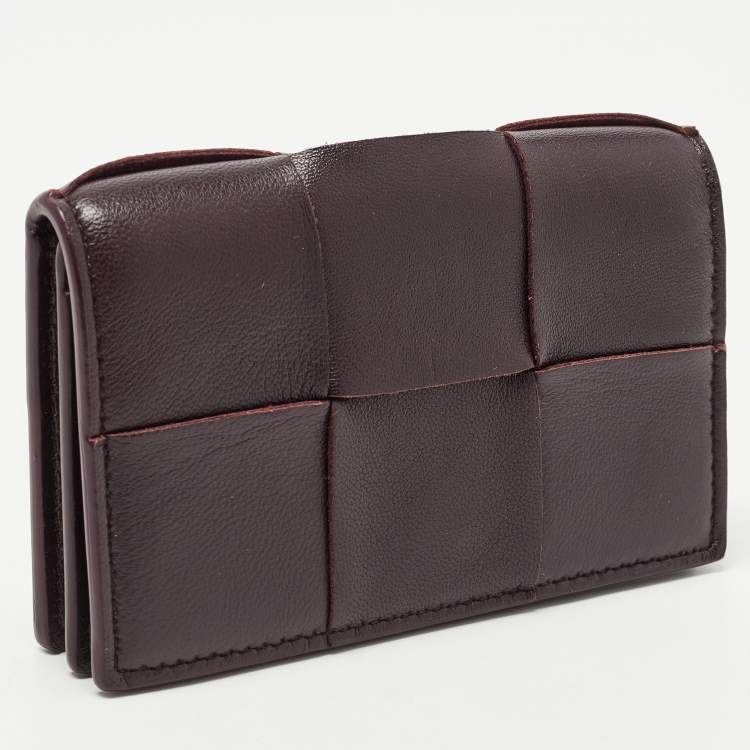 Pre Owned Bottega Veneta Dark Burgundy Intrecciato Leather Flap Card Case