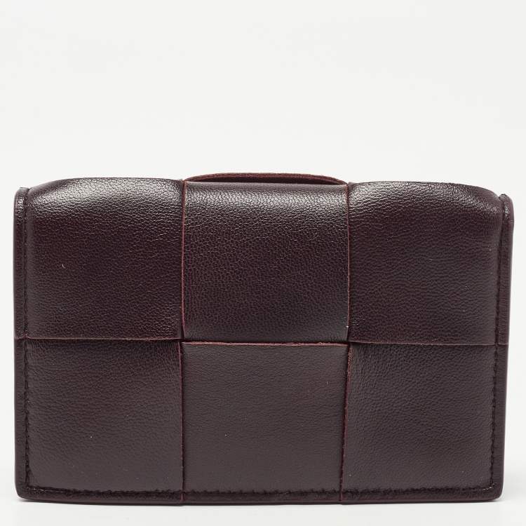 Pre Owned Bottega Veneta Dark Burgundy Intrecciato Leather Flap Card Case