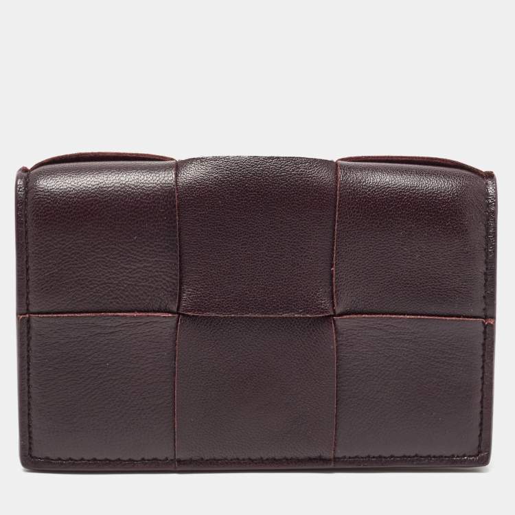 Pre Owned Bottega Veneta Dark Burgundy Intrecciato Leather Flap Card Case