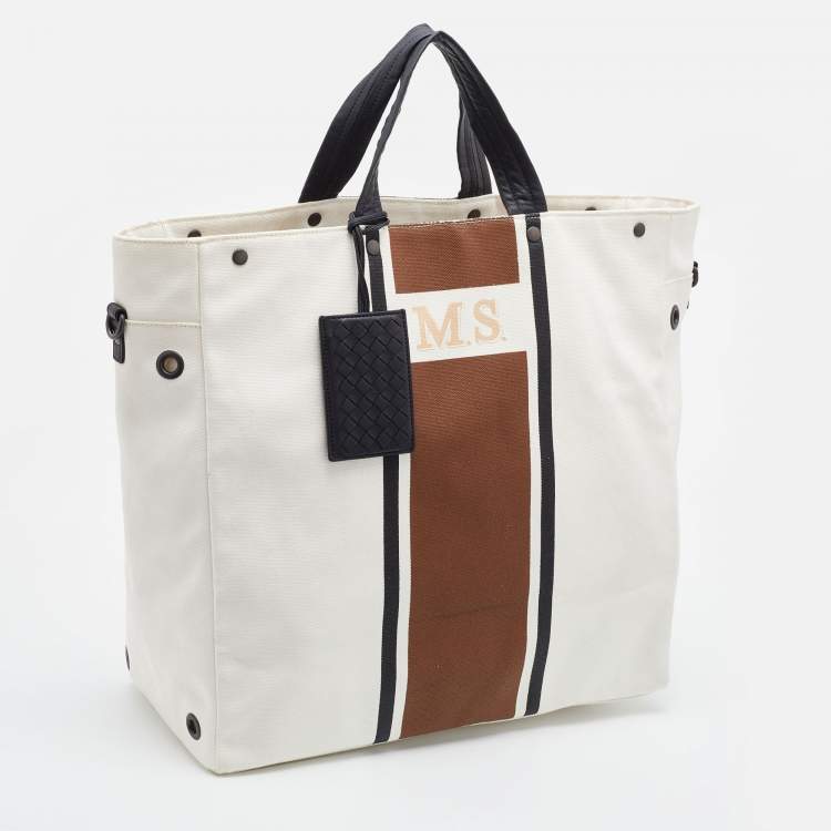 Pre Owned Bottega Veneta White/Brown Canvas and Leather Shopper Tote