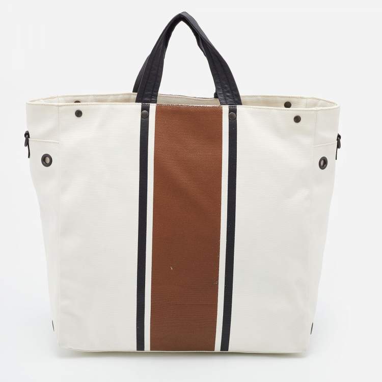 Pre Owned Bottega Veneta White/Brown Canvas and Leather Shopper Tote
