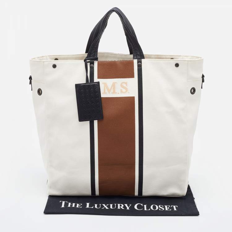 Pre Owned Bottega Veneta White/Brown Canvas and Leather Shopper Tote