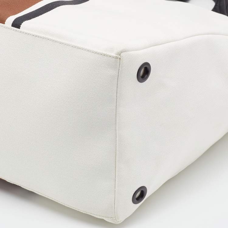 Pre Owned Bottega Veneta White/Brown Canvas and Leather Shopper Tote