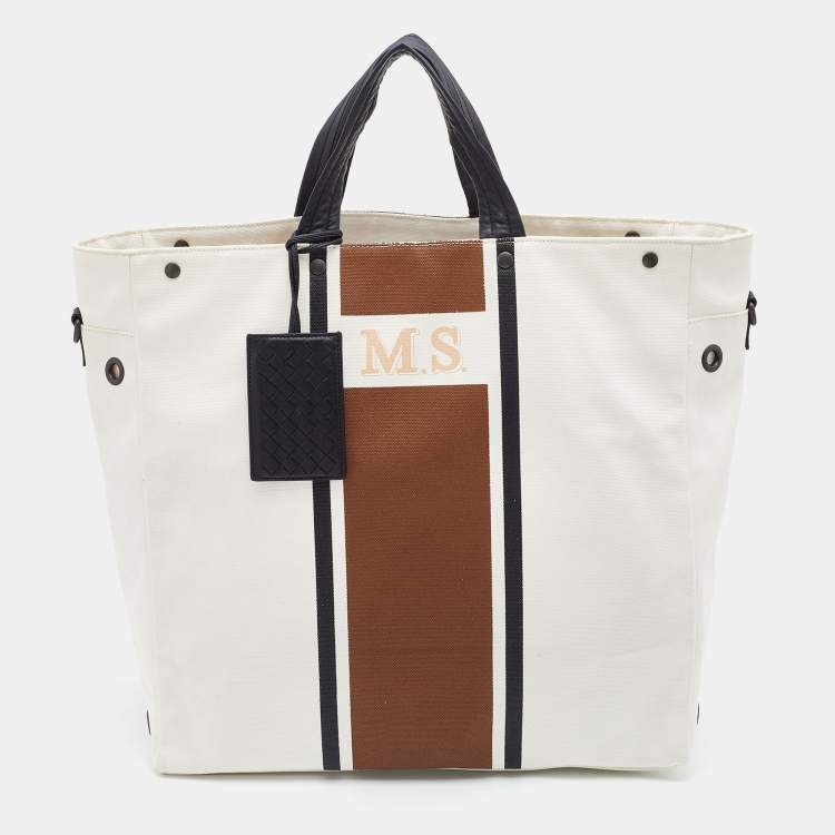 Pre Owned Bottega Veneta White/Brown Canvas and Leather Shopper Tote