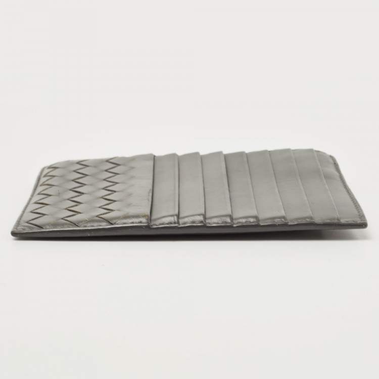 Pre Owned Bottega Veneta Grey Intrecciato Leather Zip Card Holder