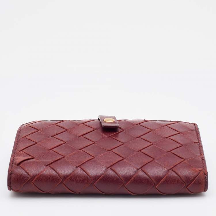 Pre Owned Bottega Veneta Red Intrecciato Leather French Compact Wallet