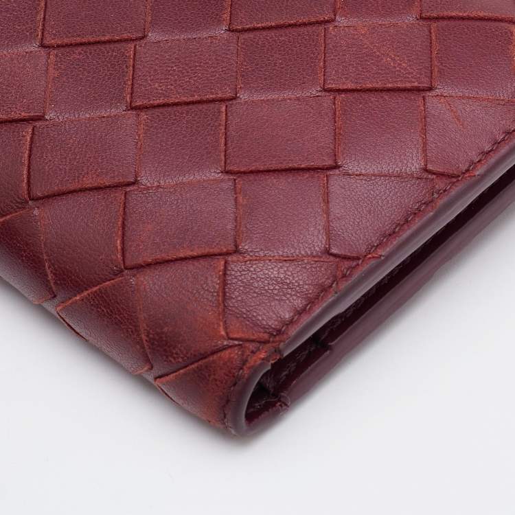 Pre Owned Bottega Veneta Red Intrecciato Leather French Compact Wallet